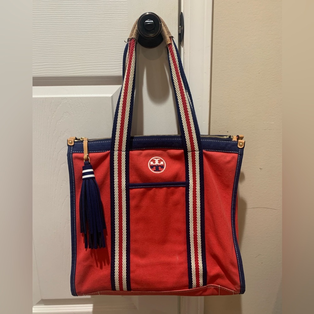 Tory Burch Red and Navy Canvas Tote Bag